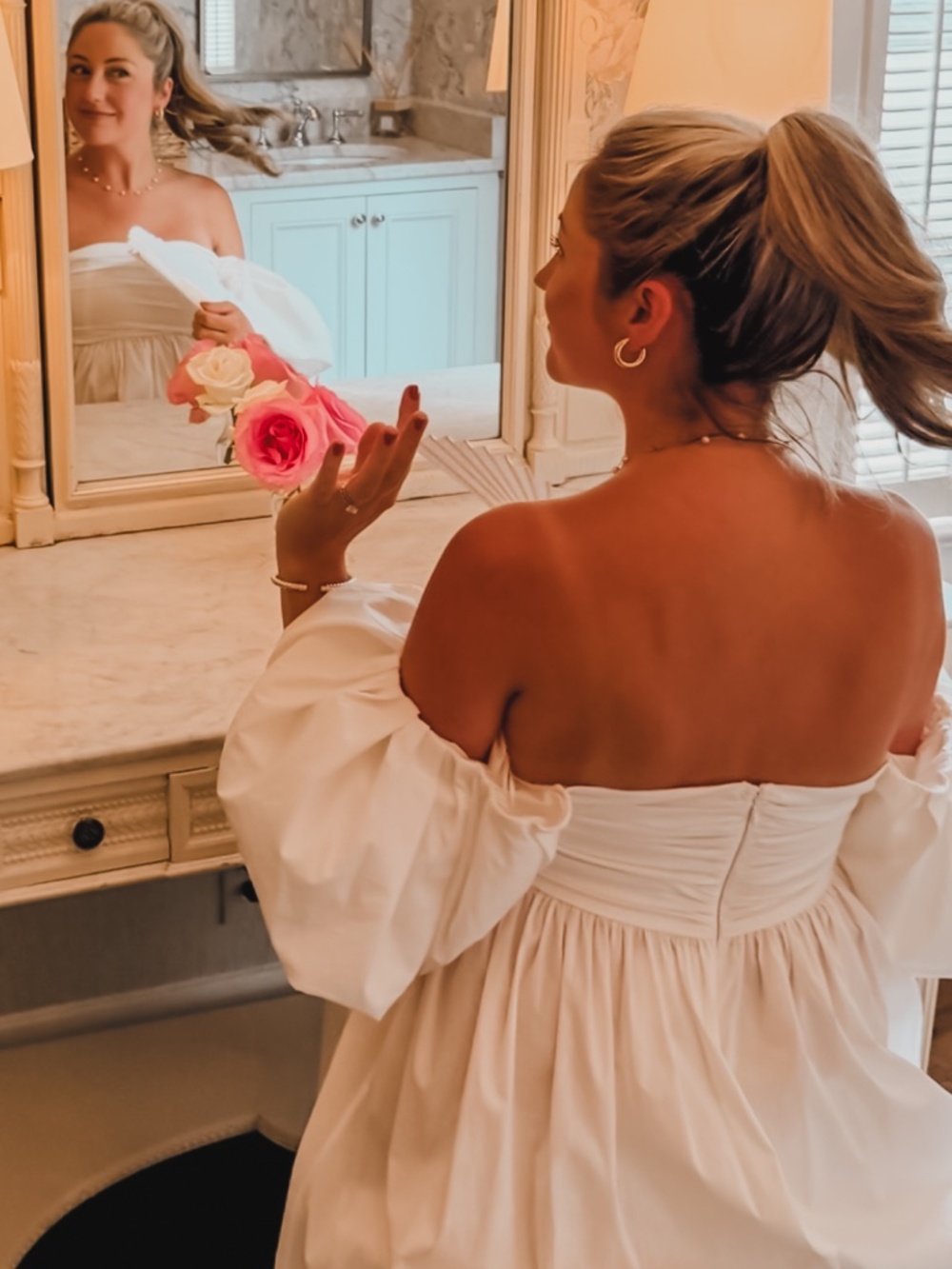 White off the Shoulder Empire Waist Puffy Sleve - Picture 7 of 7